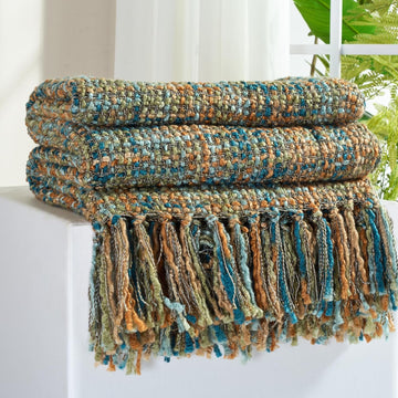 Multi-Color Gold Green Cable Woven Throw Blanket,50"X60" Boho Style Textured Blankets,Super Soft Warm Cozy Chunky