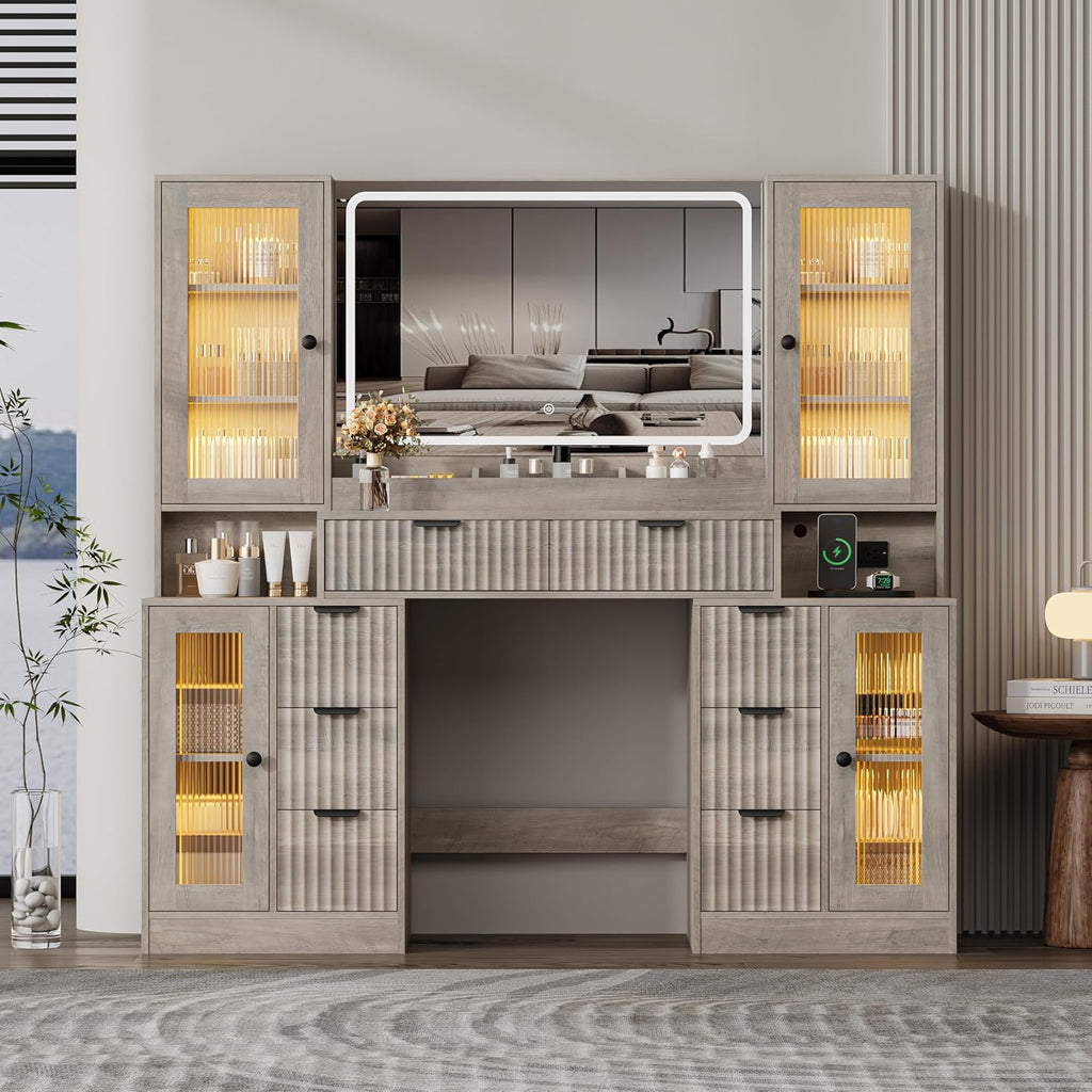 Fluted Makeup Vanity Desk with Mirror and Lights, 55" Glass Top Vanity with 8 Drawers & 4 RGB Glass Cabinets