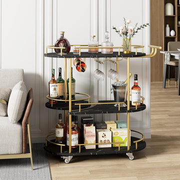 Modern 3-Tier Gold Bar Cart with Black Marble Panel - Mobile Serving Cart with Wine Rack & Glass Holder, Storage
