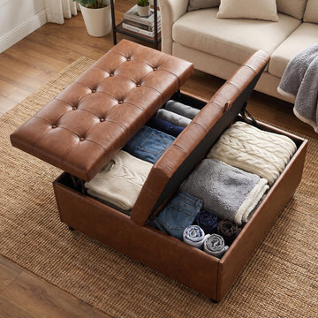 36 Inch Extra Large Brown Leather Lift Top Living Room Storage Ottoman