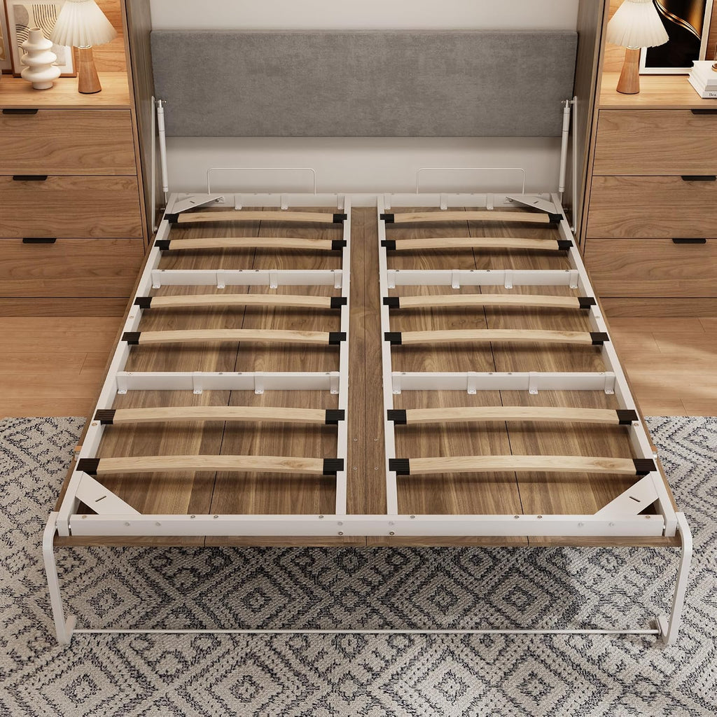 Queen Murphy Bed,Farmhouse Guest Beds,Folding Wall Bed with Hydraulic Bar,64" W Twin Murphy Beds with 2 LED Storage