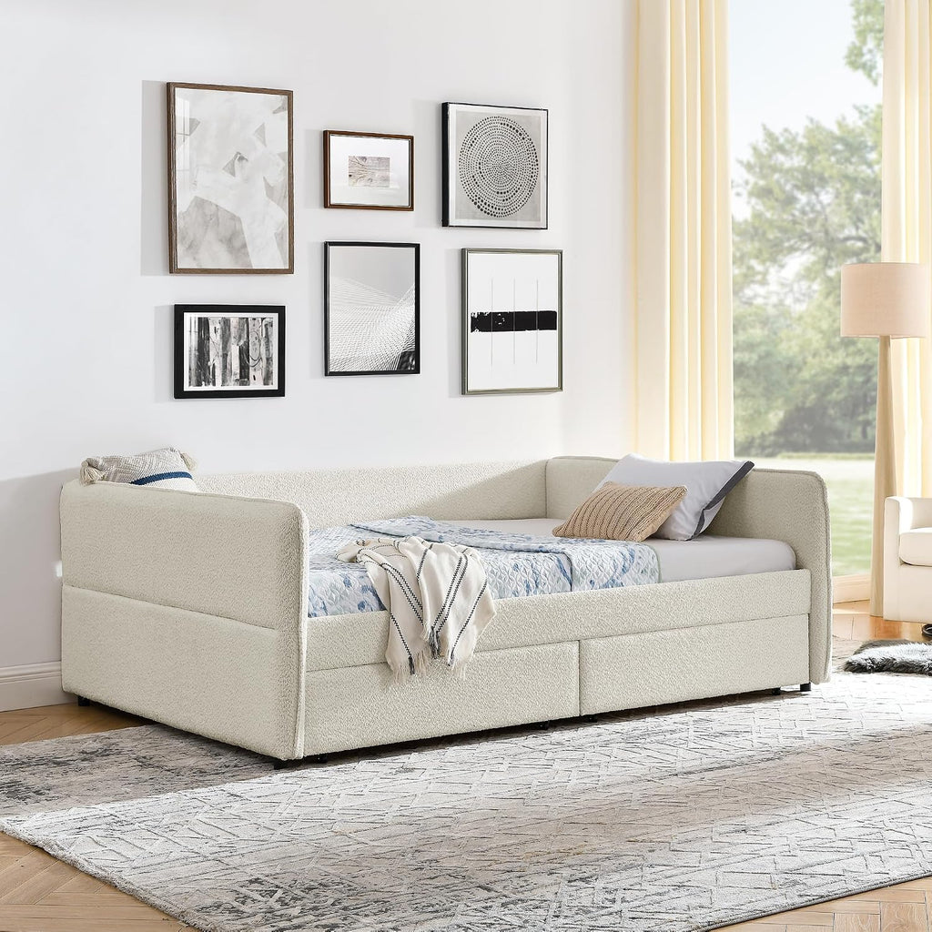 Queen Size Boucle Upholstered Daybed with 2 Storage Drawers, Soft Day Bed Living Room Apartment, Easy Assembly-Beige