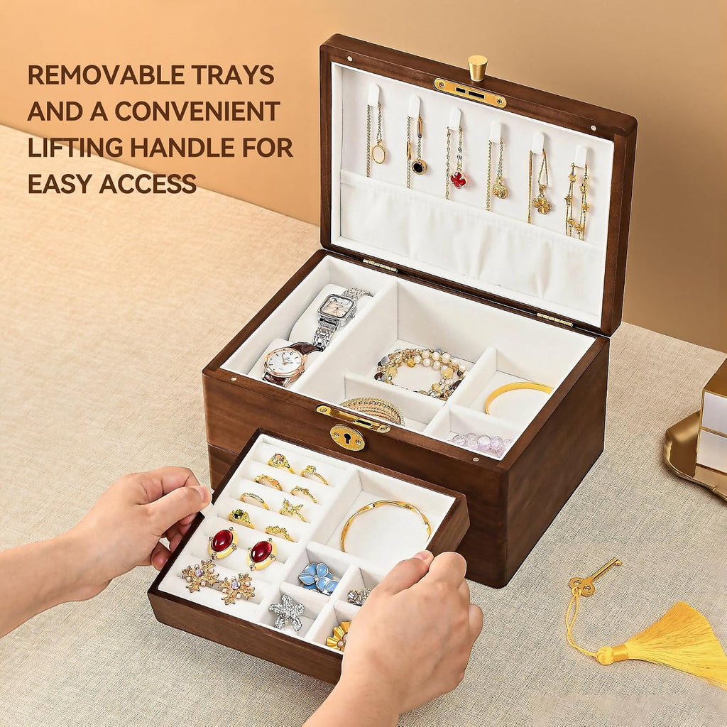 Black Walnut Jewelry Box for Women, 3 Layer Top Lock Wooden Organizer Case