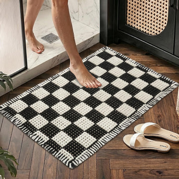 Checkered Waffle Bath Mat 20x32, Non Slip Bathroom Rug with Rubber Backing, Super Absorbent Machine Washable Bath