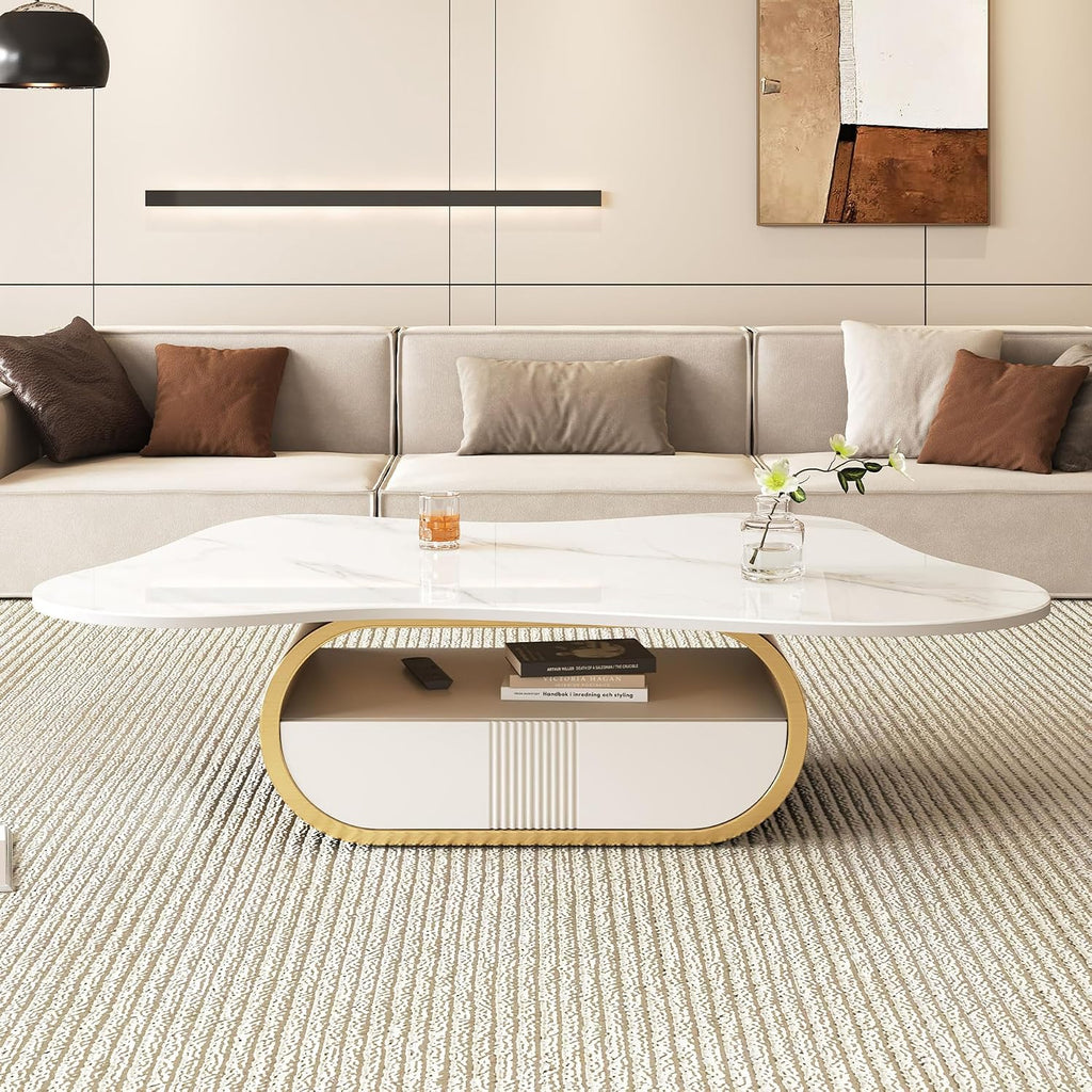 Modern Cloud Coffee Table Luxury Sintered Stone Top Coffee Table with Sculptural Geometric Stainless Steel Base and St