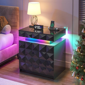 LED Night Stand with Charging Station, Lockable Hidden Drawer | Gun Safe compartment, 3 Drawers, Smart RGB Human