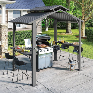 8x5FT Hardtop Grill Gazebo, Outdoor BBQ Gazebo with 2 Side Shelves and Ceiling Hook