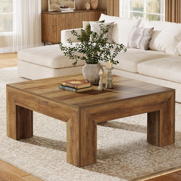 39.4-Inch Square Coffee Table, Farmhouse All MDF Accent Center Cocktail Table with Sturdy Wooden Legs, Easy Assembly