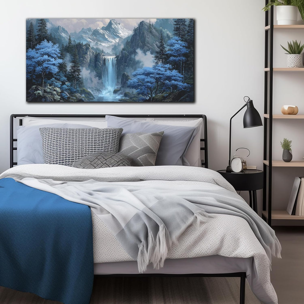 Blue Tree Forest Waterfall Wall Art Nature Landscape Canvas Print Painting Modern Home Office Living Room Decor