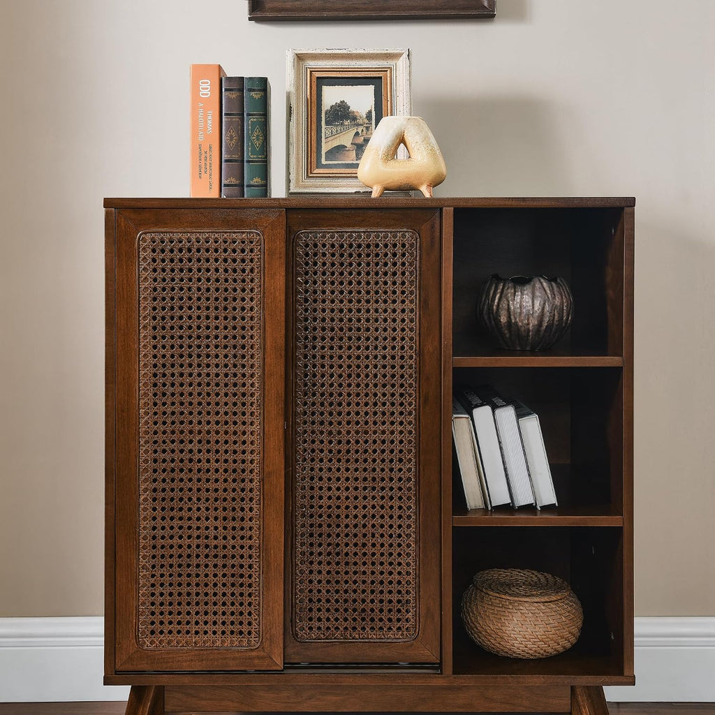 Mid Century Modern Small Rattan Sideboard Buffet Storage Cabinet | Real Wood Veneer Mid Century Storage Cabinet with
