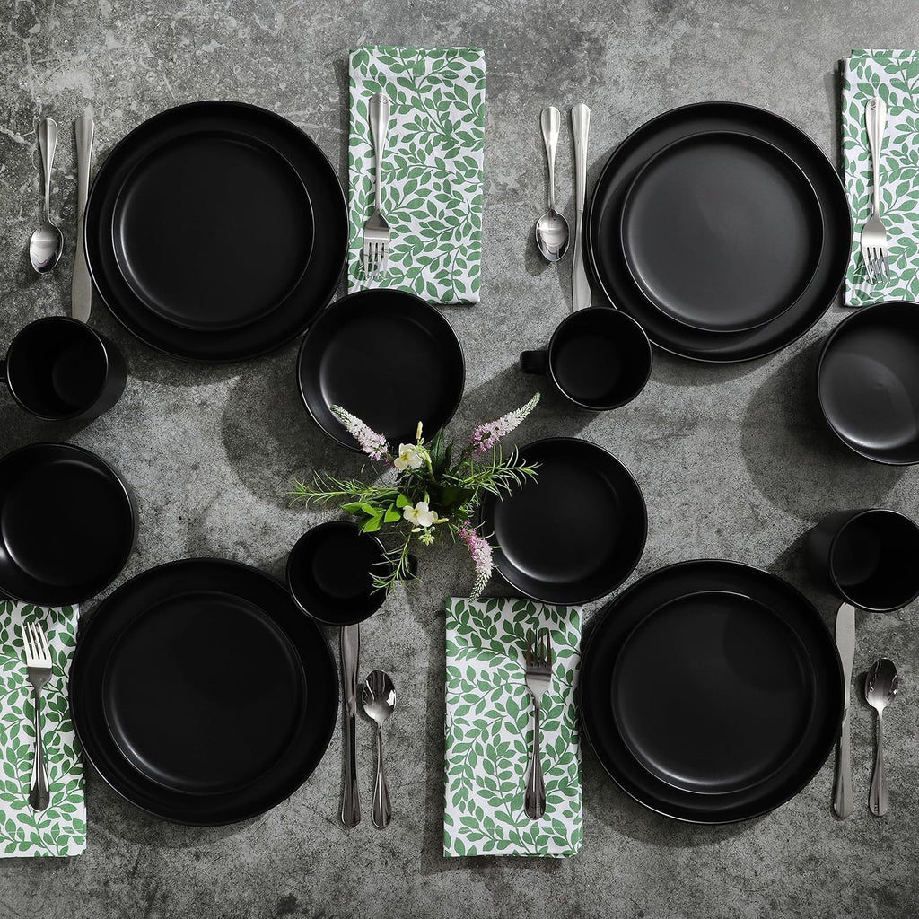 Zuma Stoneware Plates, Bowls, & Mugs Dinnerware Set - Matte Black, Service for Four (16pcs)