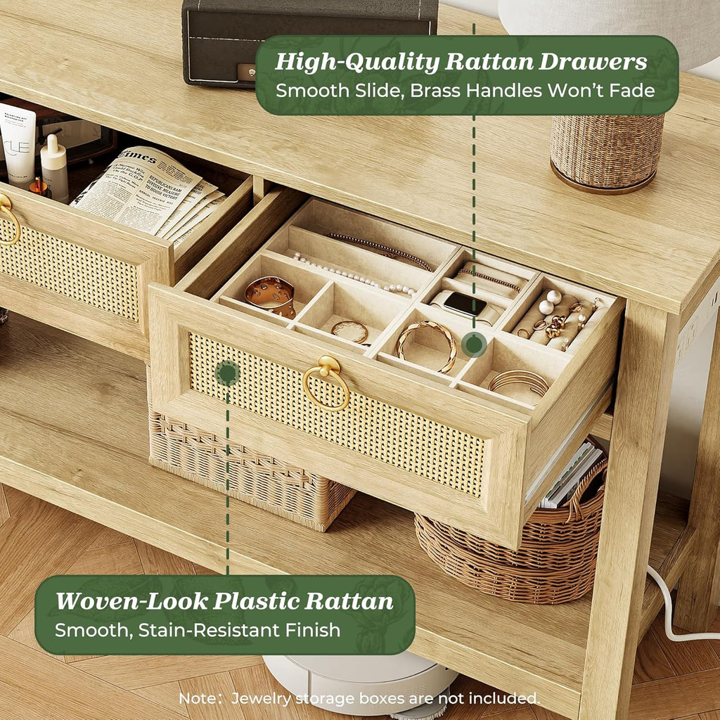 Rattan Console Sofa Table with Outlets and USB-C Port, 3 Drawer Entryway Table with Synthetic Rattan Surface, Open