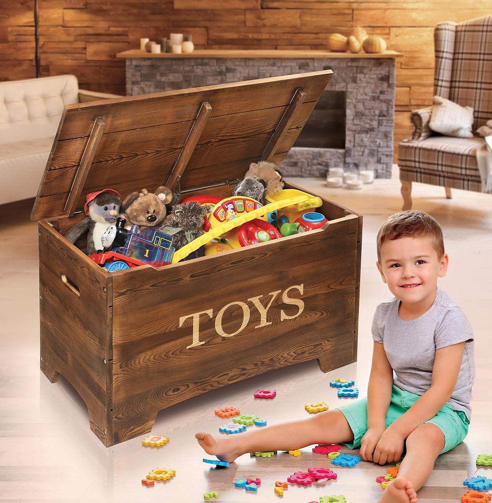 Basket Farmhouse Wooden Toy Box - Rustic Storage Chest for Kids with Reversible Toys Panel, Safety Hinge Lid, Front