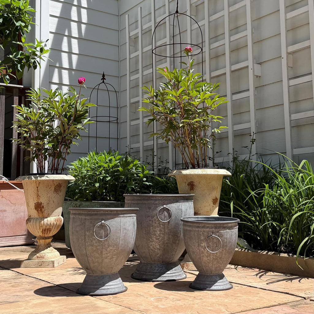 Durham Footed Urn Chubby Belly Planters, Set of 3, Ring Handles, Galvanized Metal, Vintage Grey, Indoor/Outdoor