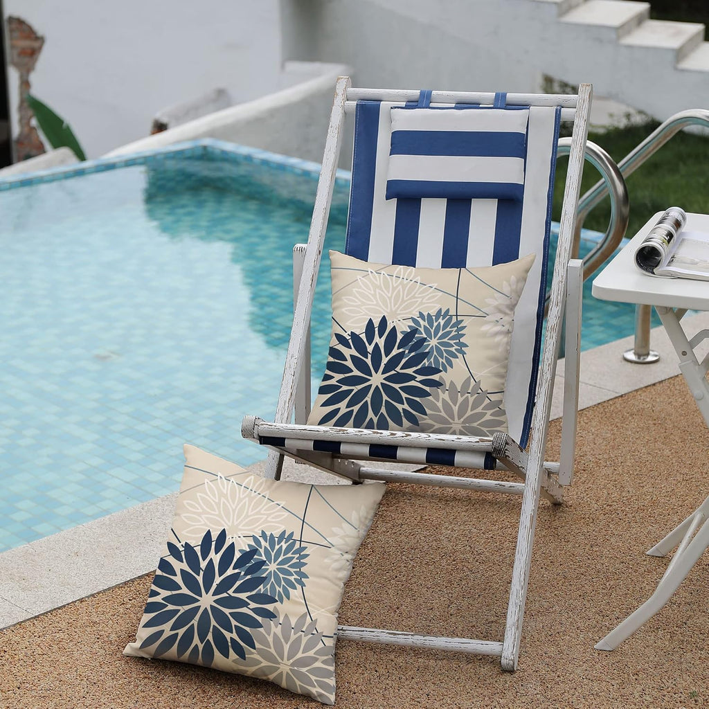 Blue and Gray Floral Pillow Covers 18x18 Set of 2 Outdoor Waterproof White Colored Decorative Throw Pillows Summer