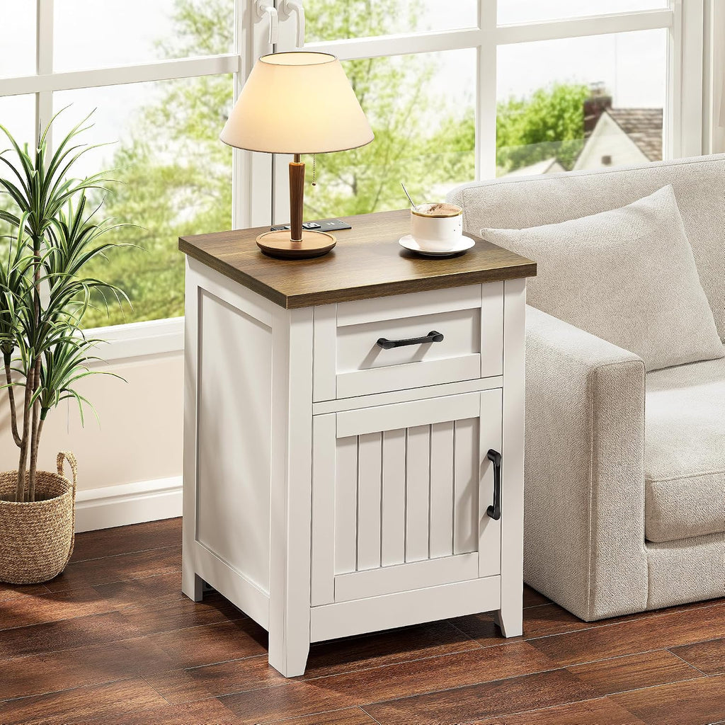 Farmhouse Nightstand with Charging Station, Set of 2 Modern End Tables with Large Storage and One Drawers, Outlets