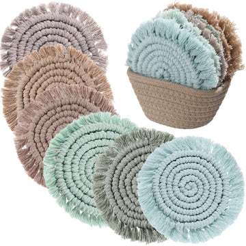 Coasters Set of 6 with Holder Boho 4" Tassel Macrame Woven, Green Color