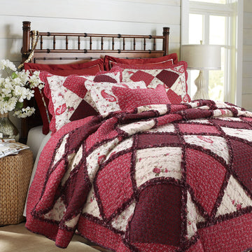 100% Cotton True Patchwork Reversible Red Floral Paisley Rag Ruffle Farmhouse Quilt Bedding Set, Coverlet Bedspread