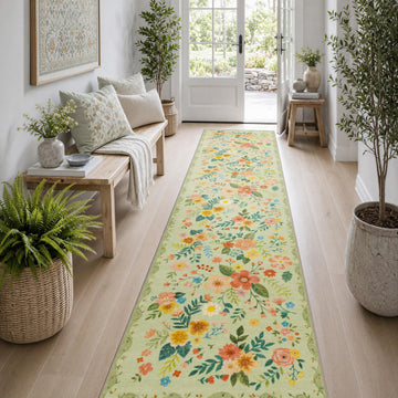 Floral Runner Rug 2x8, Washable Rug, Grass Green