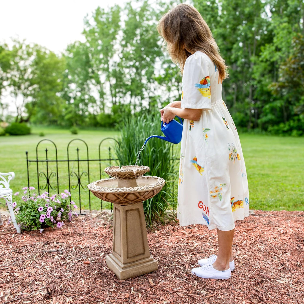 Beveled Flower 28-Inch 2-Tier Outdoor Water Fountain - Backyard Water Feature & Bird Bath or Deck
