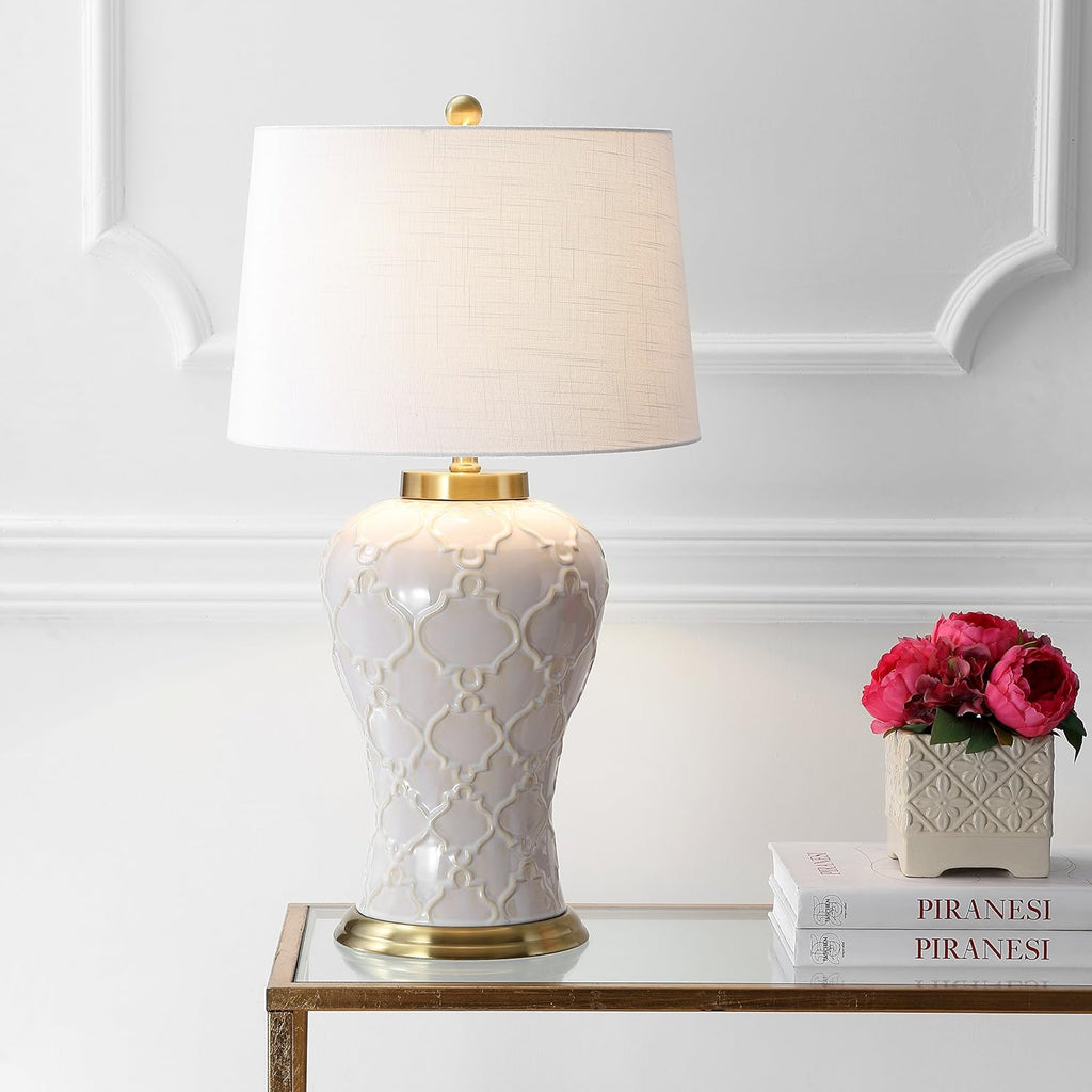 29" Cream Textured Ceramic Table Lamp, Transitional Quatrefoil Trellis Design with White Linen Drum Shade and Brass