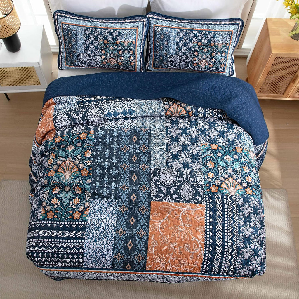Navy Blue Quilt Set, Bohemian Patchwork Bedspread Coverlet Set, Reversible Farmhouse Floral Pattern Bedspreads