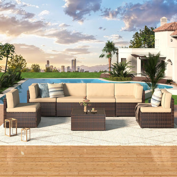 7 Piece Outdoor Patio Furniture Set, PE Rattan Wicker Sofa Set, Outdoor Sectional Furniture Chair Set with Cushions