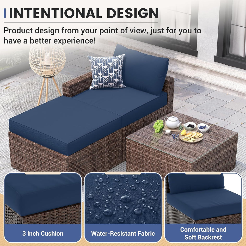 5 Piece L Shaped Outdoor Couch, Small Space Patio Furniture Set, Navy Blue | Outdoor Sectional Sofa, All-Weather