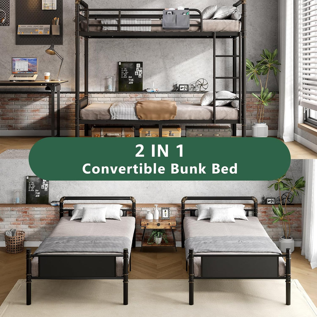 Bunk Bed Twin Over Twin, Heavy Duty Metal Bunkbeds with Ladder and Full-Length Guardrail