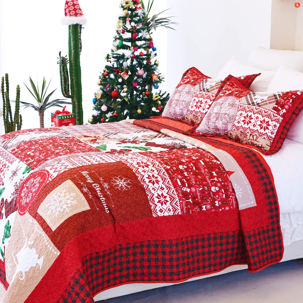 King Size Quilt Christmas Theme Bedding Set with Pillow Shams Reversible Red Floral Bedspread Coverlet Lightweight