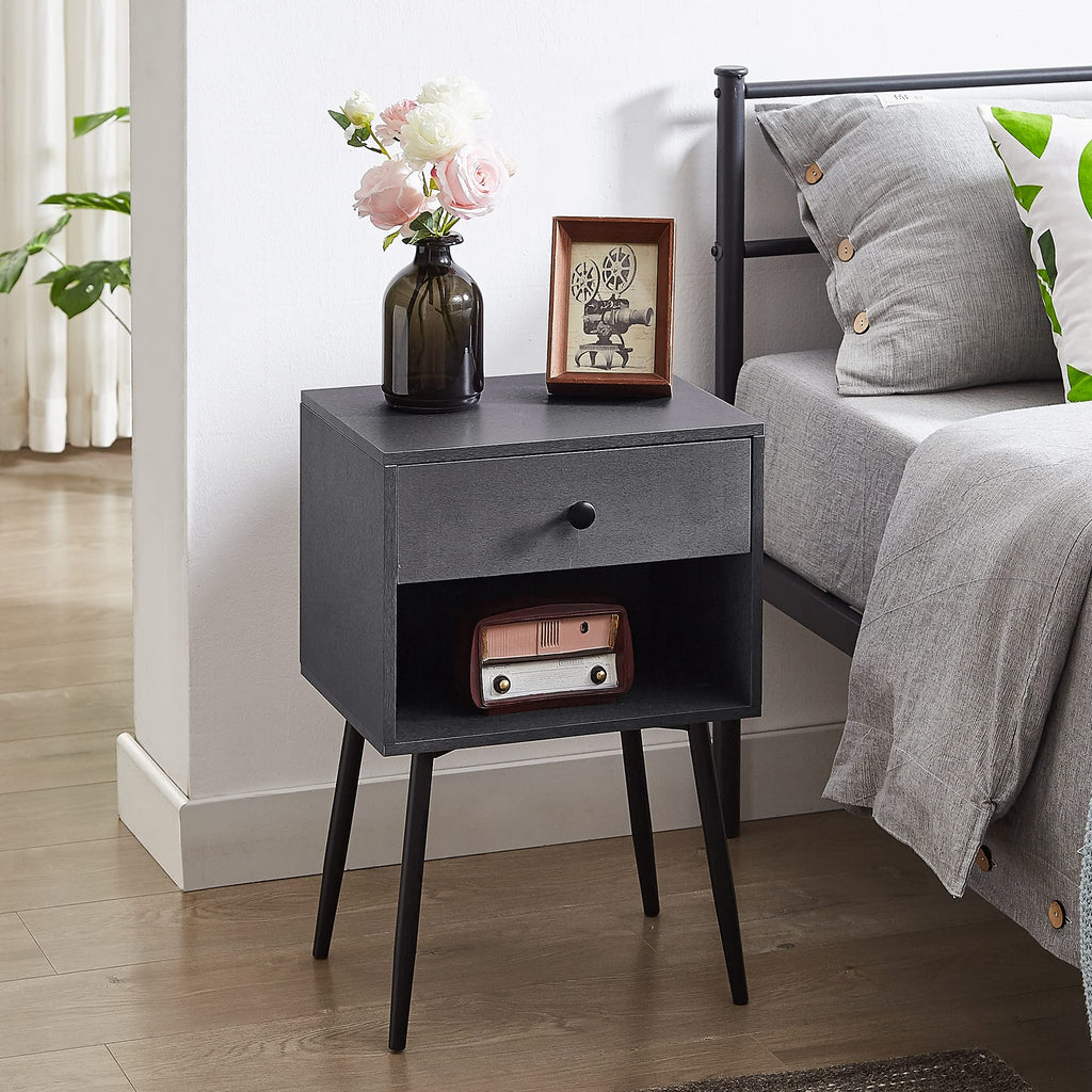 Nightstands Set of 2, Mid Century Modern End Bedside Table, Night Stand with Storage Drawer and 2 Tiers Open Shelf