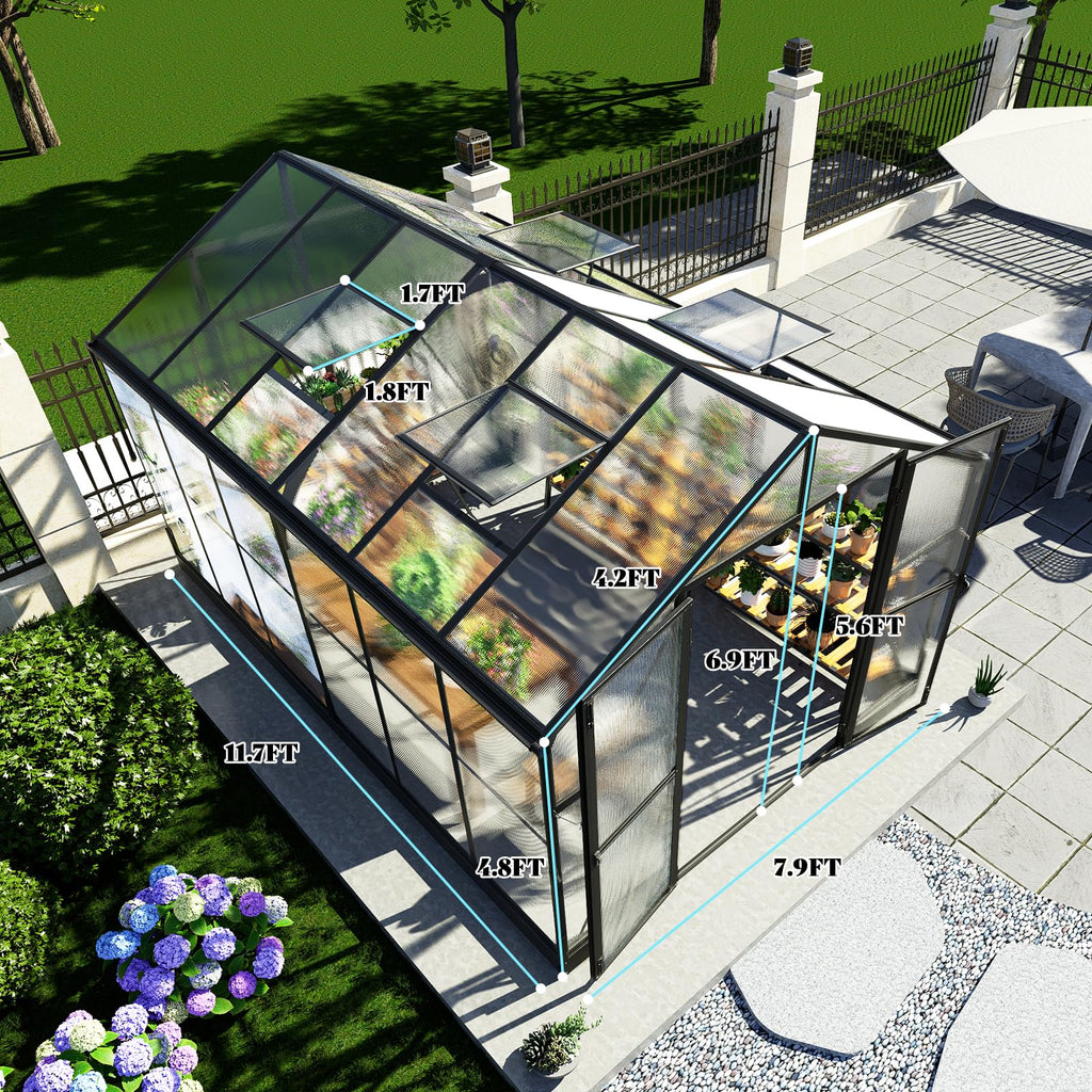 8x12x7FT Polycarbonate Greenhouse, Walk in Greenhouse with Quick-Connect System, Green House with 4 Vent Windows and