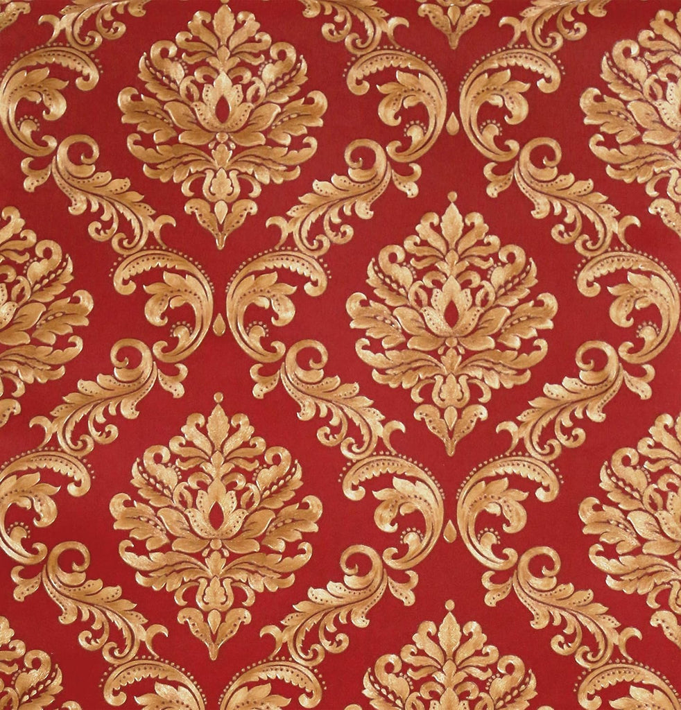 Red Damasks Flocking Embossed Textured Wallpaper Roll Bedroom, 20.8 In32.8 Ft=57 Sq ft Per Roll, Gold/Red