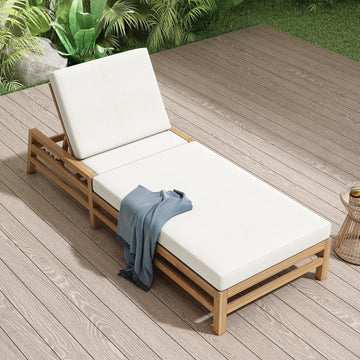 Acacia Wood Outdoor Patio Chaise Lounge Chair, All Weather Recliner Chair with Thick Cushions and 5-Position