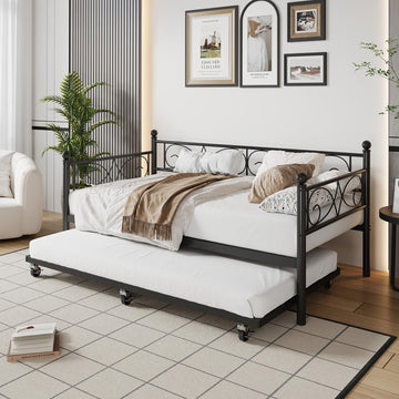 Twin Daybed with Trundle, Metal Trundle Bed, Black