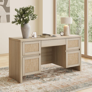 Executive Desk with 5 Drawers, 57" Modern Rattan Home Office Desk with Charging Station, File Drawer