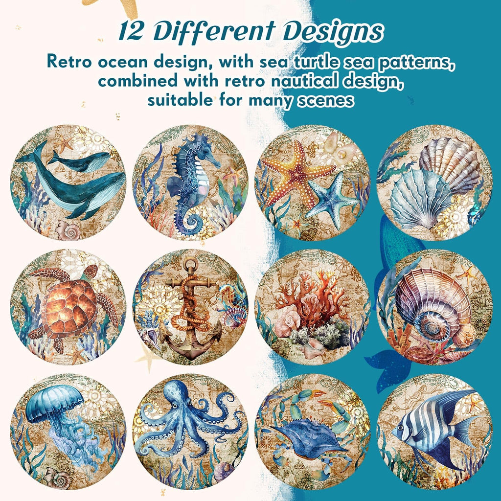 12 Pcs Ceramic Coasters with Holder, Cork Backing, Beach Theme