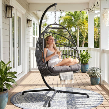 Outdoor Hanging Egg Chair with Stand, Foldable Egg Swing Chair | 350 lbs Heavy Duty, Dark Gray, Wicker Hanging Egg