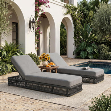 Outdoor Chaise Lounge Chairs Set of 2, 6 Adjustable Backrest Patio Lounge Chair, Woven Wicker Rope Patio Recliner