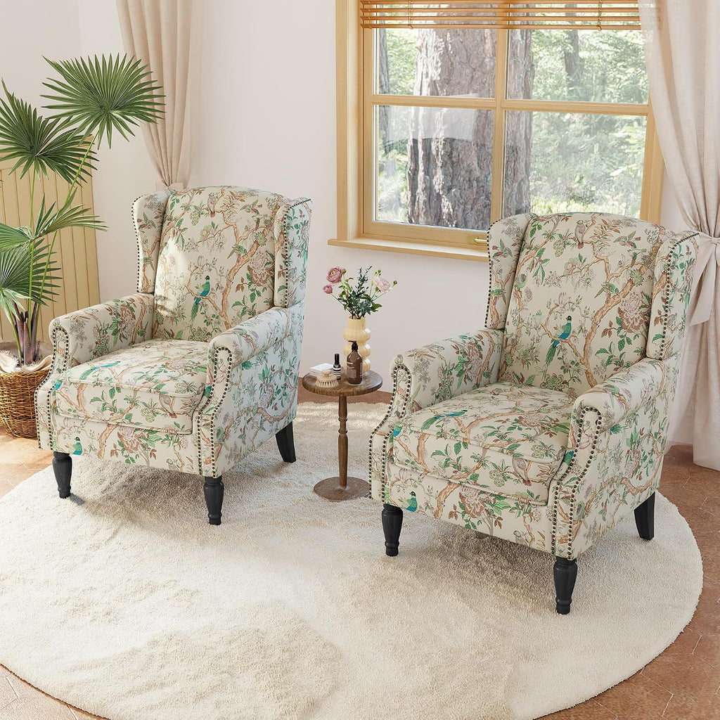 Wingback Chairs Set of 2, High Back Floral Accent Chair in Fabric, Comfy Upholstered Armchair with Nailhead Trim