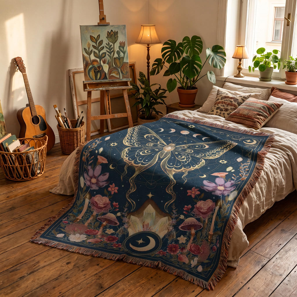 Cotton Woven Butterfly Throw Blanket Whimsical Boho Throw Blanket with Tassels for Couch Bed Chair Lounge Hippie Room