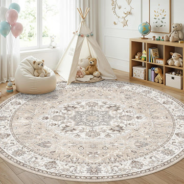 Washable 8ft Round Area Rug - Living Room Oriental Non Slip Soft Rugs Indoor Low Pile Stain Resistant Carpet Dining