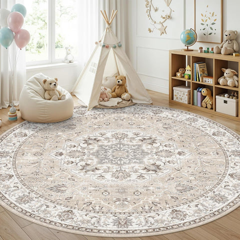 Washable 8ft Round Area Rug - Living Room Oriental Non Slip Soft Rugs Indoor Low Pile Stain Resistan