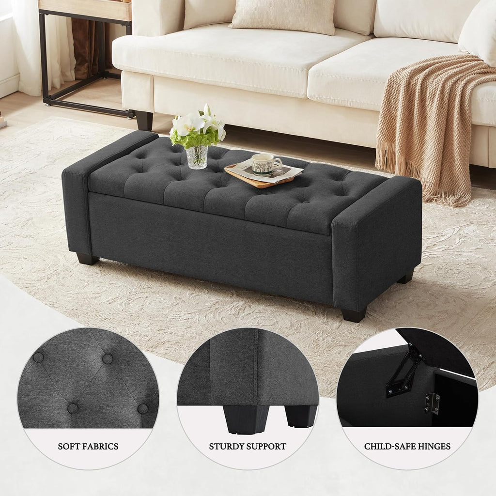 48" Ottoman with Storage, Dark Gray Storage Ottoman Bench | Upholstered Entryway Bench with Seating , Holds up to 330