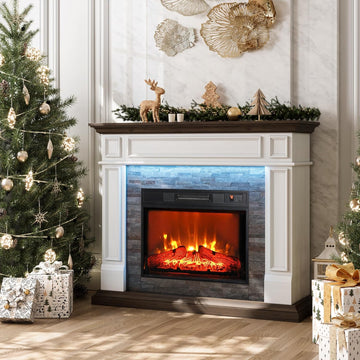 44" Electric Fireplace with Mantel, Tall Fireplace Heater Freestanding, Realistic Stacked Stone Surround with Timer