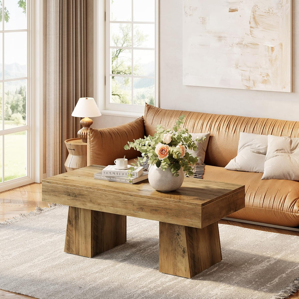 Farmhouse Coffee Table, 47 Inches Wooden Rectangular Accent Center Tables with Thick Base