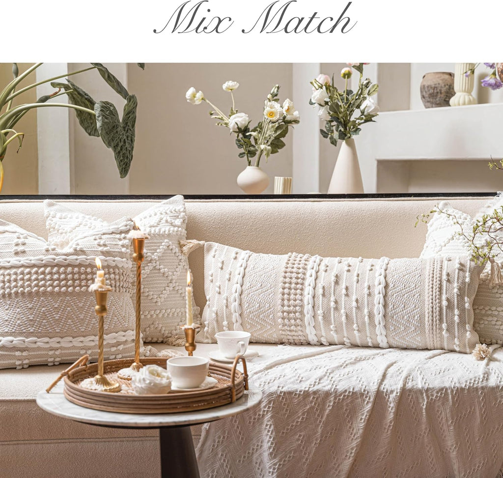 Cream Decorative Lumbar Throw Pillow Cover 14x36 Boho Long Cushion