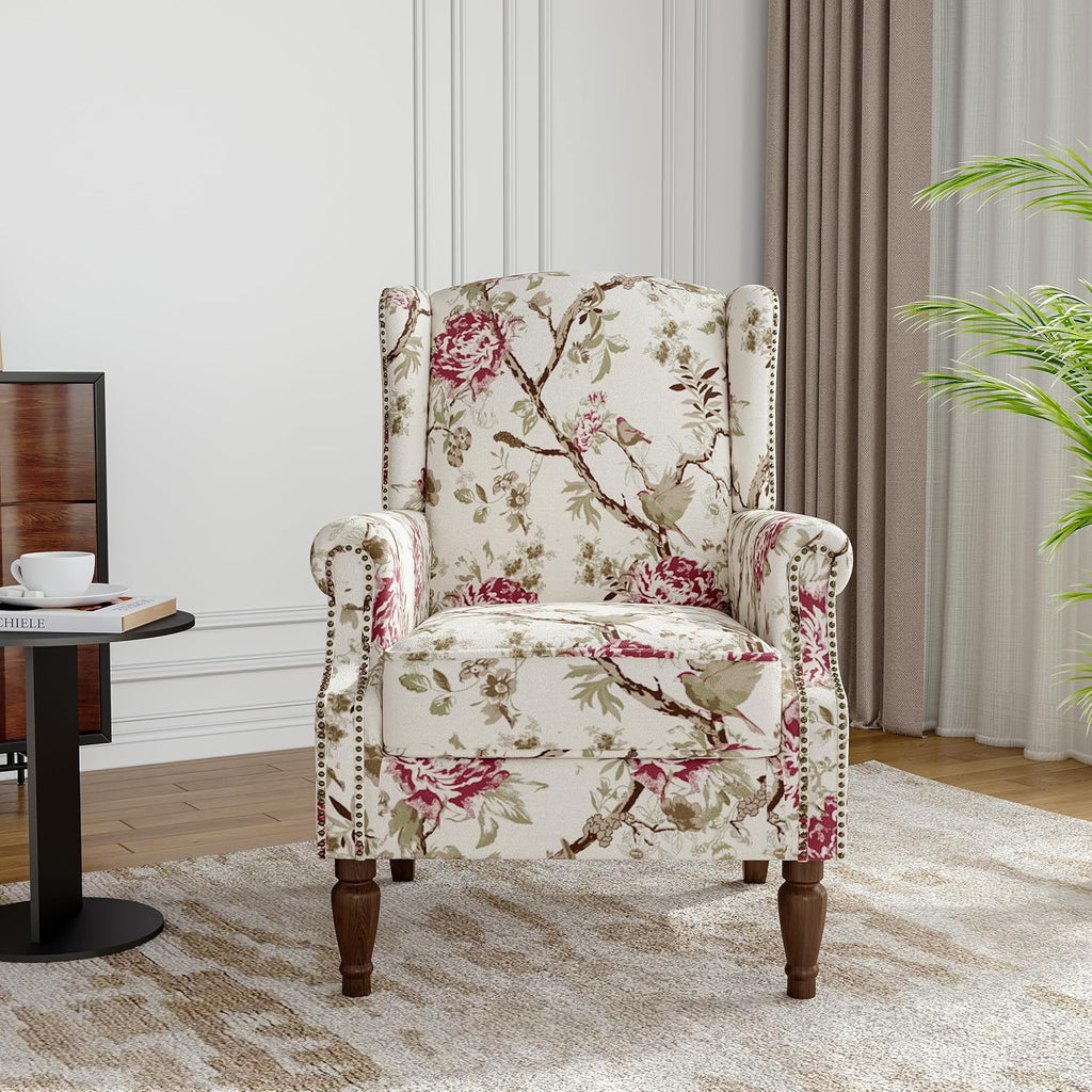 Wingback Accent Chair, High Back Armchair , Beige | Ergonomic Design | Linen Fabric | High-Resilient Foam Seat |