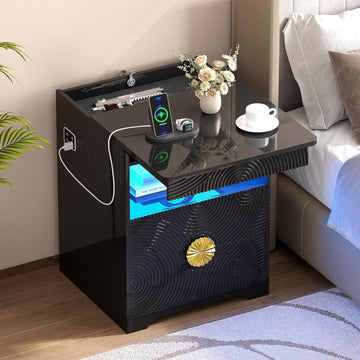 LED Nightstand with Gun Drawer, Modern Bedside Table with 3-Color Lights & Human Sensor, Smart Night Stand with