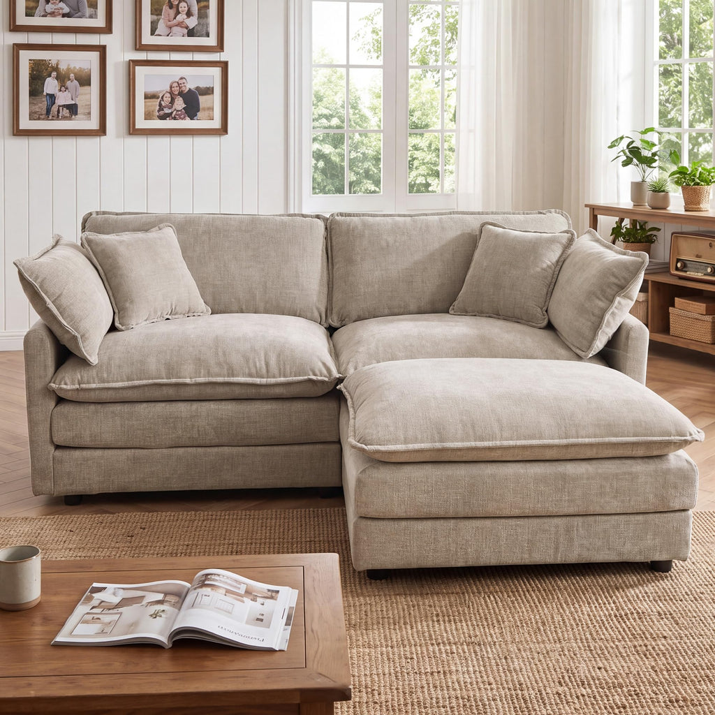 76.7" Cloud Loveseat Couch with Ottoman, Small L Shape Sectional Sofa